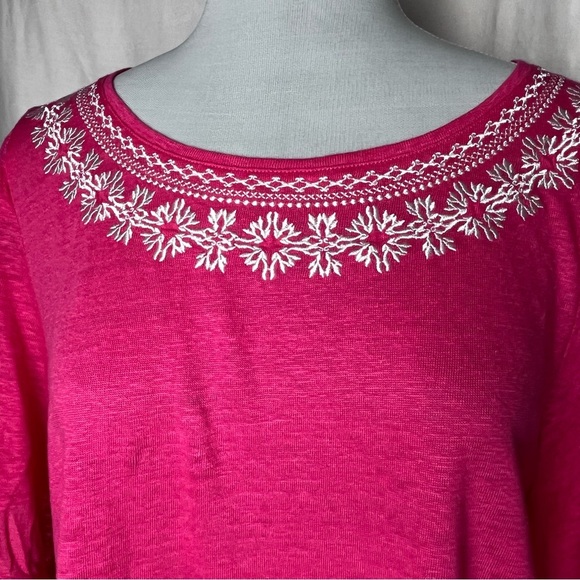 Chico’s | Pink Linen Embroidered Fringe Flutter Sleeve Top, Size 2 (Large) - Picture 4 of 8